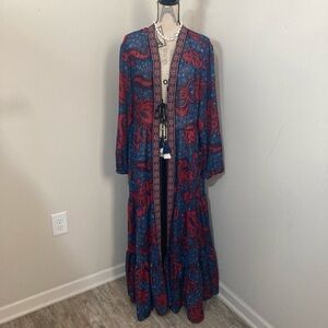 Indulge Women’s Bohemian Blue and Red Long Sleeve Open Maxi Dress Drawstring